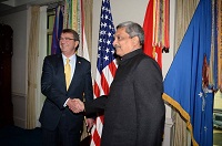Defence Minister Manohar Parrikar with U.S. Defense Secretary Ash Carter at Pentagon on December 10, 2015.