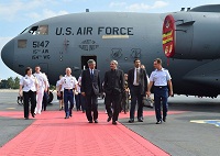 Manohar Parrikar, the India Defence Minister (right), and Arun K. Singh, the Indian Ambassador to the U.S., received an in-depth aeromedical evacuation demonstration of the C-17 Globemaster III from PACAF Airmen on Joint Base Pearl Harbor-Hickam, Hawaii, Dec. 7, 2015. The Indian air force has the world's 2nd largest fleet of C-17s, behind the U.S., and these aircraft have already proven their value in supporting international response to regional crises. (U.S. Air Force photo by Tech. Sgt. Aaron Oelrich/Released)