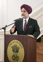 Charge d'Affaires Amb. Taranjit Singh Sandhu addressing the gathering at the cultural event "'Music Beyond Borders' - An Evening of Punjabi Folk and Sufi Classics And Amrita Pritam's poetry set to music by Amrit Kaur Lohia", presented by Embassy of India, Washington DC on October 7.