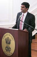 First Secretary Satish Kumar Sivan welcoming the guests at the cultural event 'An Evening of Soul Stirring Ghazals by Sudhir Narain', presented by the Embassy of India, Washington, DC, on November 4.