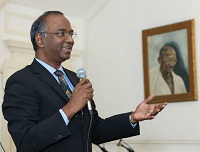 Minister Madhusudhanan Sridharan welcoming the guests and introducing the "Rhythm of Freedom - Thematic 'jugalbandhi' Concert - Rebellion, Victory and Harmony", at Embassy of India, Washington DC on August 31.