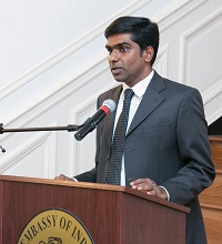 First Secretary Satish Kumar Sivan welcoming the guests at the cultural event presented by the Embassy of India, Washington, DC, in connection with the Celebration of the 141st Birth Anniversary of Sardar Vallabhbhai Patel, at the Embassy premises on November 3.