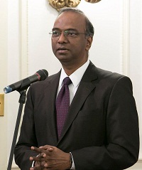 Minister Sridharan Madhusudhanan welcoming the guests and introducing the cultural event 'Colors of Breath: A Meditative Thematic Music Recital', presented by Embassy of India, Washington DC on April 29.