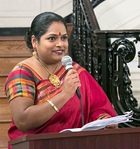 Ms. Lakshmi Swaminathan emceeing the cultural event "'We'- Thematic classical Musical Recital and 'Granville Austin, the American Biographer of India's Constitution- a Talk'', presented by Embassy of India, Washington DC on December 18, 2015.