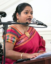 Ms. Lakshmi Swaminathan emceeing the cultural event "'We'- Thematic classical Musical Recital and 'Granville Austin, the American Biographer of India's Constitution- a Talk'', presented by Embassy of India, Washington DC on December 18, 2015.