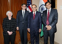 (From left to right) - Chair of the Federal Reserve Ms. Janet Yellen, US Treasury Secretary Mr. Jacob J. Lew, Finance Minister Mr. Arun Jaitley, and RBI Governor Dr. Raghuram Rajan - at the "India-US Economic and Financial Partnership" meeting in Washington D.C. on April 14.