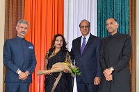 To celebrate India's 65th Republic Day, Consul General P. Harish and Mrs. Nandita Parvathaneni hosted a Republic Day Reception on 2 February, 2014. His Excellency Dr. S. Jaishankar, Ambassador of India to the United States attended the Reception with over 300 invited guests.  In photo, Ambassador felicitating Padma Shri Award winner Dr. Ashok Kumar Mago and Mrs. Mago, and Consul General P. Harish.