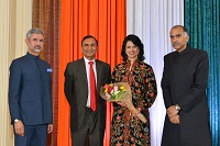 To celebrate India's 65th Republic Day, Consul General P. Harish and Mrs. Nandita Parvathaneni hosted a Republic Day Reception on 2 February, 2014. His Excellency Dr. S. Jaishankar, Ambassador of India to the United States attended the Reception with over 300 invited guests.  In photo, Ambassador felicitating Pravasi Bharatiya Samman Awardee Dr. Renu Khator, Mr. Suresh Khator, and Consul General P. Harish.