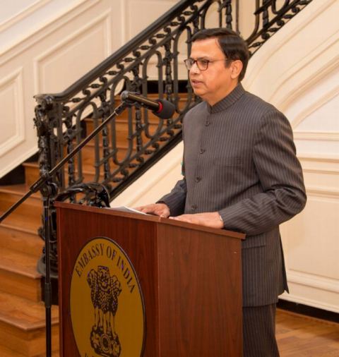 Mr. Anurag Kumar, Minister (Community Affairs) welcoming guests during the celebration of Diwali at Embassy of India, Washington DC on Sunday, November 11, 2018.