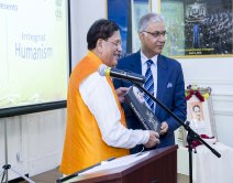 Dr. Bindeshwar Pathak, Padma Bhushan awardee presenting his book titled "The Making of a Legend" to Ambassador Santhosh Jha, Charge d’Affaires at the cultural event titled "Celebration of 100th Birth Anniversary of Pandit Deendayal Upadhyaya" at the Embassy of India, Washington, DC, on Monday, September 25, 2017