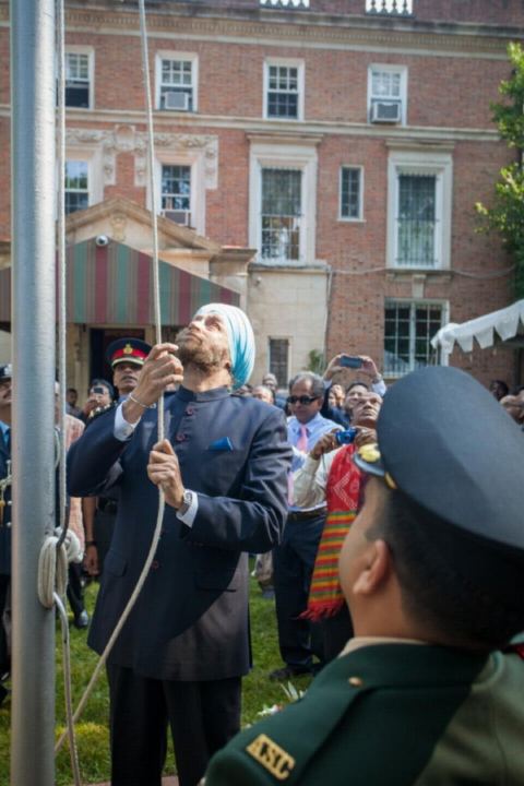 Shri Navtej Sarna, Ambassador of India, unfurling the National Flag on the occasion of celebration of India's 72nd Independence Day at the Embassy Residence on August 15, 2018.