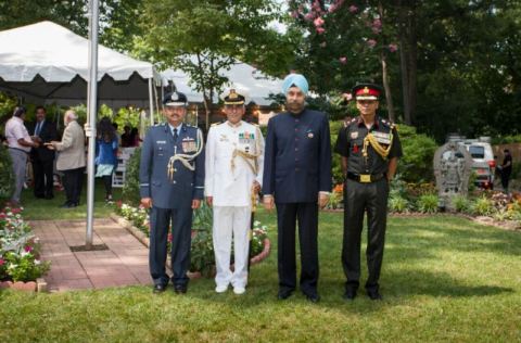 Ambassador Navtej Sarna with Air(Attache), Naval(Attache) & Defence and Military (Attache) of Embassy of India on the occasion of celebration of India's 72nd Independence Day at the Embassy Residence on August 15, 2018.