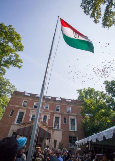Shri Navtej Sarna, Ambassador of India, unfurling the National Flag on the occasion of celebration of India's 72nd Independence Day at the Embassy Residence on August 15, 2018.