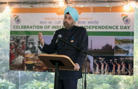 Shri Navtej Sarna, Ambassador of India, reading out President's Independence Day Address to the Nation on the occasion of celebration of India's 72nd Independence Day at the Embassy Residence on August 15, 2018.