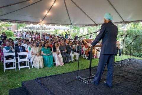 Shri Navtej Sarna, Ambassador of India, reading out President's Independence Day Address to the Nation on the occasion of celebration of India's 72nd Independence Day at the Embassy Residence on August 15, 2018.