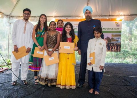 Ambassador Navtej Sarna with the children of Indian diaspora who won in the singing of patriotic songs and speech competition on the topic "India of My Dreams", organised by Embassy of India as part of India@70 celebrations.