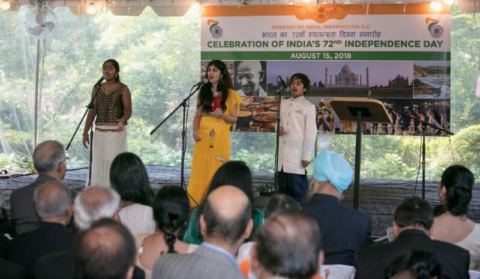 Singing of patriotic songs on the occasion of celebration of India's 72nd Independence Day at the Embassy Residence on August 15, 2018.