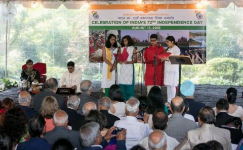 Singing of patriotic songs on the occasion of celebration of India's 72nd Independence Day at the Embassy Residence on August 15, 2018.