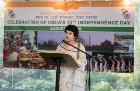 First Secretary Ms. Satwant Khanalia making the announcements on the occasion of celebration of India's 72nd Independence Day at the Embassy Residence on August 15, 2018.