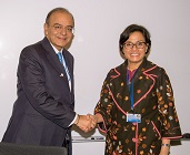 Finance, Defence and Corporate Affairs Minister Mr. Arun Jaitley meeting Minister of Finance of the Republic of Indonesia, Ms. Sri Mulyani Indrawati in Washington DC on 21 April, 2017.