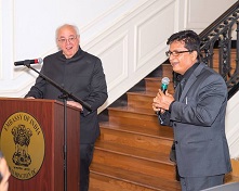 Cultural Attaché Mr. Yukesh Batra singing Hava Nagila at the talk titled "India: A Land of Maharajas and Jews" by Mr. Kenneth X. Robbins at the Embassy of India on June 9, 2017