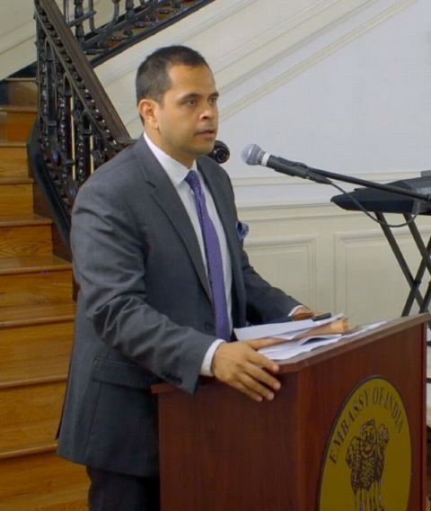 First Secretary Mr. Pratik Mathur welcoming the guests during the celebration of 148th Birth Anniversary of Mahatma Gandhi, at the Embassy of India, Washington DC on Monday, October 2, 2017.
