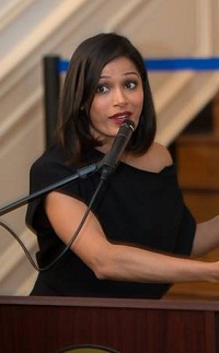 Actress Freida Pinto making remarks during 'Girl Rising India' event at Embassy of India, Washington DC on October 9, 2015 hosted by Ambassador Arun K. Singh on the eve of International Day of the Girl.