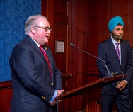 Rep. George Holding addressing the gathering. - with Navtej Sarna.