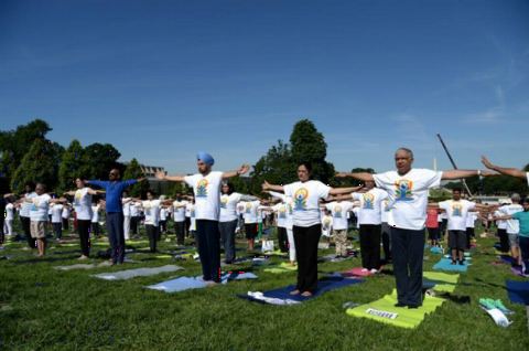 Ambassador Navtej Sarna and others doing Yoga at the 4th International Day of Yoga organized by the Embassy of India in partnership with Friends of Yoga at the US Capitol in Washington, DC on June 16, 2018.