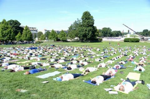Guests participating in Yoga session at the 4th International Day of Yoga organized by the Embassy of India in partnership with Friends of Yoga at the US Capitol in Washington, DC on June 16, 2018.
