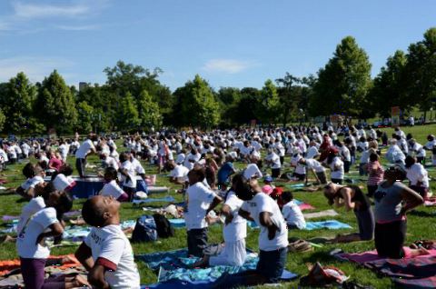 Guests participating in Yoga session at the 4th International Day of Yoga organized by the Embassy of India in partnership with Friends of Yoga at the US Capitol in Washington, DC on June 16, 2018.