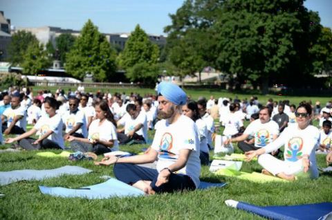 Ambassador Navtej Sarna and others doing Yoga at the 4th International Day of Yoga organized by the Embassy of India in partnership with Friends of Yoga at the US Capitol in Washington, DC on June 16, 2018.