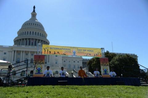 Yoga demonstrators at the 4th International Day of Yoga organized by the Embassy of India in partnership with Friends of Yoga at the US Capitol in Washington, DC on June 16, 2018.