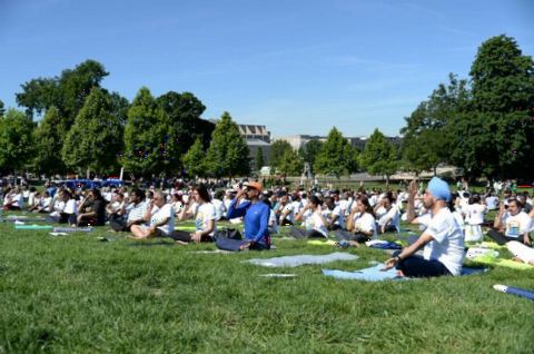 Ambassador Navtej Sarna and others doing Yoga at the 4th International Day of Yoga organized by the Embassy of India in partnership with Friends of Yoga at the US Capitol in Washington, DC on June 16, 2018.