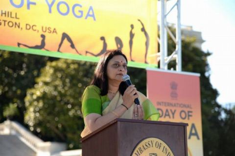 Ms. Aparna Ramaswamy emceeing on the 4th International Day of Yoga organized by the Embassy of India in partnership with Friends of Yoga at the US Capitol in Washington, DC on June 16, 2018