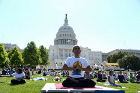 Guests participating in Yoga at the 4th International Day of Yoga organized by the Embassy of India in partnership with Friends of Yoga at the US Capitol in Washington, DC on June 16, 2018.