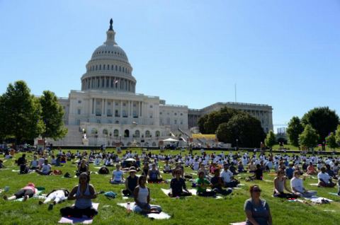 Guests participating in Yoga at the 4th International Day of Yoga organized by the Embassy of India in partnership with Friends of Yoga at the US Capitol in Washington, DC on June 16, 2018.