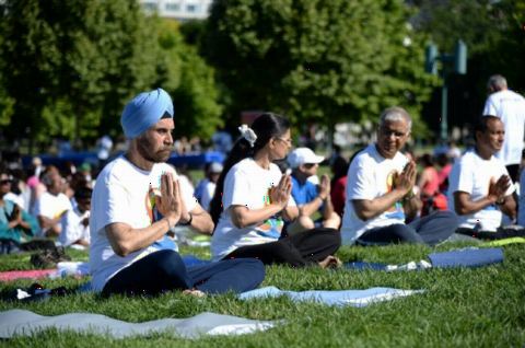 Ambassador Navtej Sarna and others doing Yoga at the 4th International Day of Yoga organized by the Embassy of India in partnership with Friends of Yoga at the US Capitol in Washington, DC on June 16, 2018
