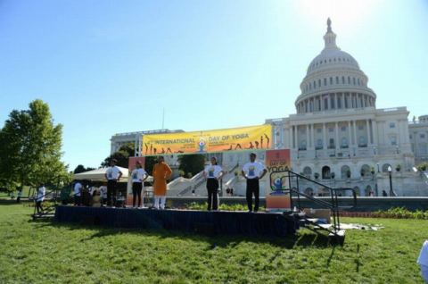 Yoga demonstrators led by Dr. Moxraj at the 4th International Day of Yoga organized by the Embassy of India in partnership with Friends of Yoga at the US Capitol in Washington, DC on June 16, 2018.