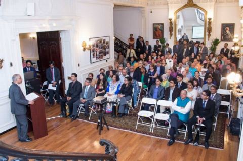 Charg&eacute; d'affaires Mr. Santosh Jha delivering welcome remarks at the event &ldquo;Commemoration of 100 Years of Champaran Satyagraha&rdquo; at Embassy of India on Friday, 13 April 2018.