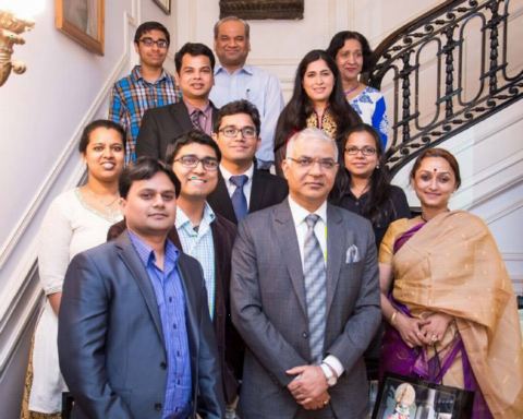 Charg&eacute; d'affaires Mr. Santosh Jha with the winners of Champaran Satyagraha Quiz at the event &ldquo;Commemoration of 100 Years of Champaran Satyagraha&rdquo; at Embassy of India on Friday, 13 April 2018.