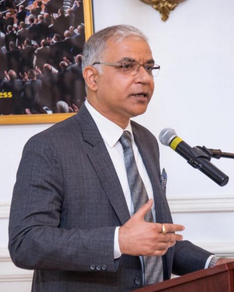Charg&eacute; d'affaires Mr. Santosh Jha delivering welcome remarks at the event &ldquo;Commemoration of 100 Years of Champaran Satyagraha&rdquo; at Embassy of India on Friday, 13 April 2018.