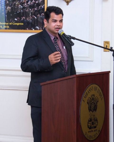 Mr. Sameer Chandra reading article on Champaran Satyagraha at the event &ldquo;Commemoration of 100 Years of Champaran Satyagraha&rdquo; at Embassy of India on Friday, 13 April 2018.