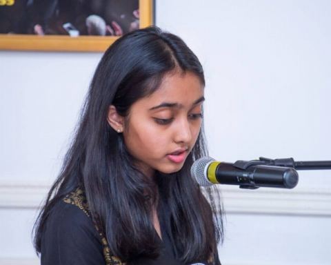 Ms. Shevya Panda, a 9th grade student reading article on Champaran Satyagraha at the event &ldquo;Commemoration of 100 Years of Champaran Satyagraha&rdquo; at Embassy of India on Friday, 13 April 2018.