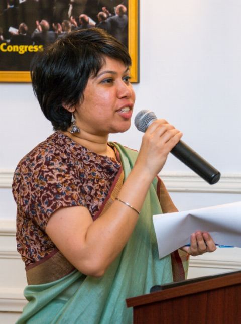 Ms. Satwant Khanalia, First Secretary (Political & Congressional Liaison) welcoming members of AAPI and guests at the Embassy of India on Thursday, April 12, 2018.