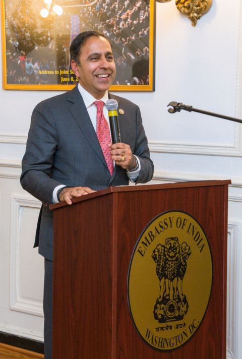 US Congressman Raja Krishnamoorthi addressing the members of AAPI and guests at the Embassy of India on Thursday, April 12, 2018.