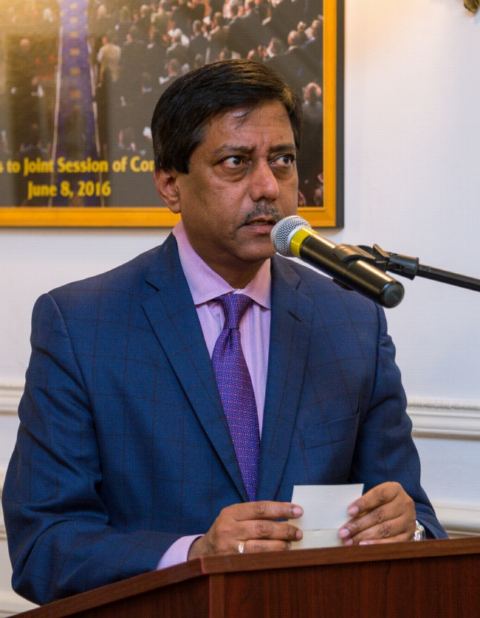 Dr. Gautam Samadder, President AAPI addressing the guests at the Embassy of India on Thursday, April 12, 2018.