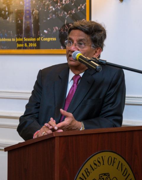 Dr. Vinod Shah, former President AAPI addressing the guests at the Embassy of India on Thursday, April 12, 2018.