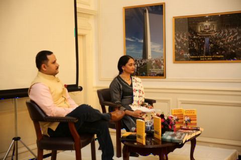 Prof. Neeti Nair in conversation with Author Mr. Amish at the Book Talk event by Mr. Amish at Embassy of India on February 8, 2018.