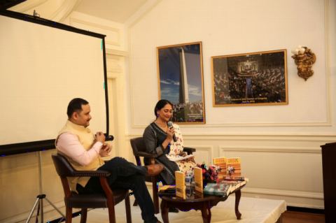 Prof. Neeti Nair in conversation with Author Mr. Amish at the Book Talk event by Mr. Amish at Embassy of India on February 8, 2018.